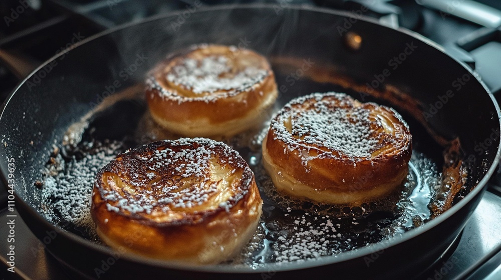 Three donuts fry on stove top; sprinkle with powdered sugar Three donuts fry on stove top; sprinkle with powdered sugar