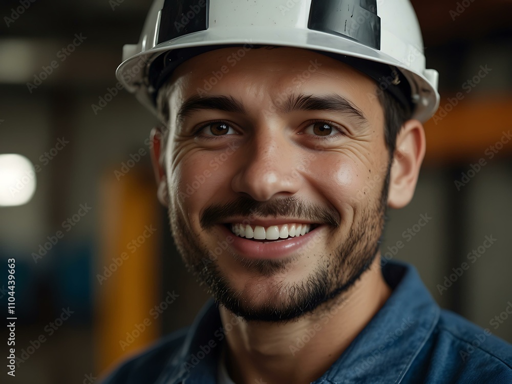Close-up portrait of an industry worker smiling. Close-up portrait of an industry worker smiling.