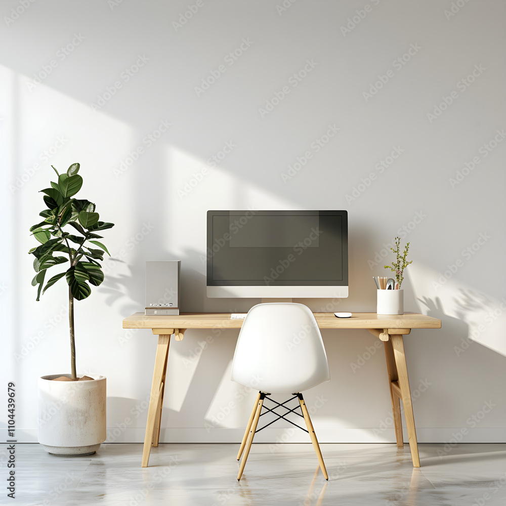 Modern and Minimalist Computer Desk Setup with Light Wood Desk and Potted Plant in Bright Workspace Modern and Minimalist Computer Desk Setup with Light Wood Desk and Potted Plant in Bright Workspace