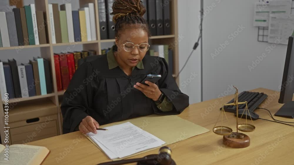 Woman talking on phone while examining documents in office courtroom setting with bookshelves Woman talking on phone while examining documents in office courtroom setting with bookshelves