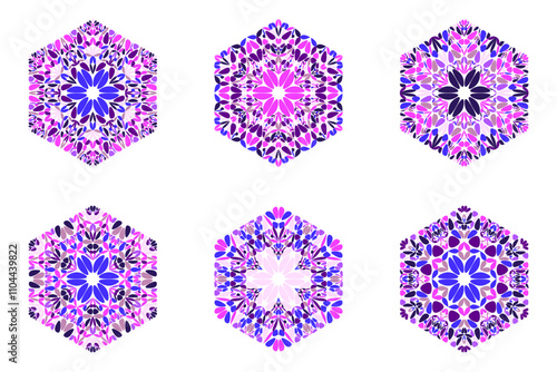 Isolated colorful geometrical floral ornament hexagon shape set - ornamental vector graphic designs from geometric shapes