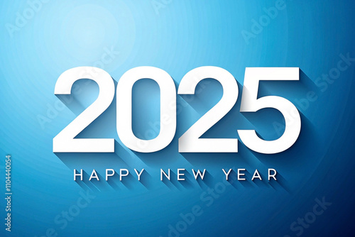 Happy New Year 2025 greeting card design with white numbers on a blue background.