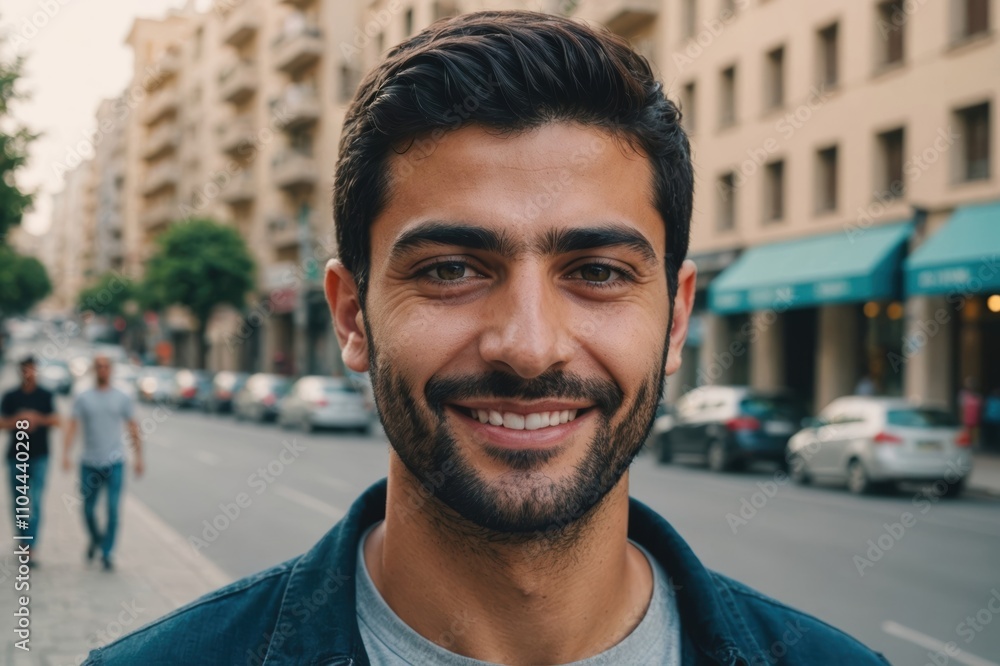 Close portrait of a smiling young Lebanese man looking at the camera, Lebanese city outdoors blurred background Close portrait of a smiling young Lebanese man looking at the camera, Lebanese city outdoors blurred background