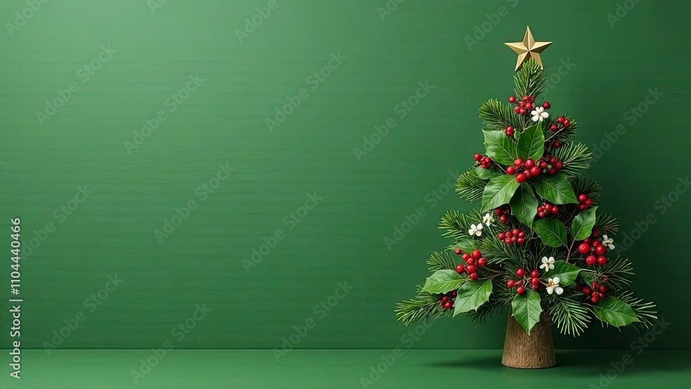 Christmas tree crafted entirely from winter foliage, such as holly leaves, red berries, and dried branches, with a few small white flowers for accents. The monochrome background is a soft forest green Christmas tree crafted entirely from winter foliage, such as holly leaves, red berries, and dried branches, with a few small white flowers for accents. The monochrome background is a soft forest green