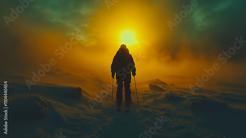 A hiker stands in a frozen expanse, silhouetted against a glowing sunset, exploring a desolate, beautiful winter landscape filled with snow