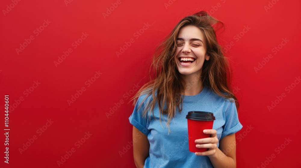 photograph of Happy young woman in blue tshirt holding coffee cup isolated on red background wide angle lens