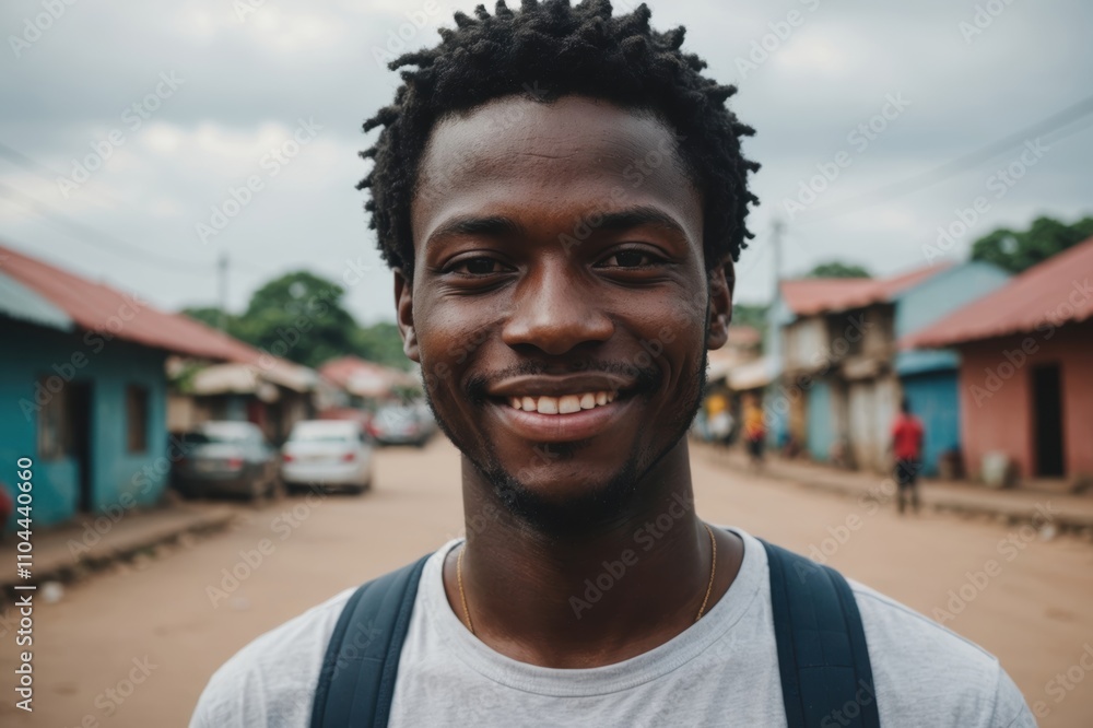 Close portrait of a smiling young Liberian man looking at the camera, Liberian city outdoors blurred background Close portrait of a smiling young Liberian man looking at the camera, Liberian city outdoors blurred background