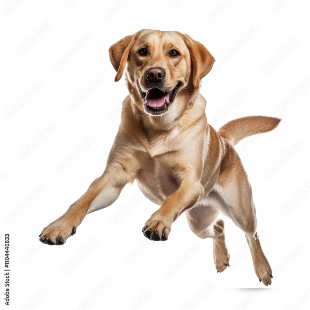 A cheerful yellow Labrador Retriever leaps joyfully against a white background, showcasing its playful spirit. A cheerful yellow Labrador Retriever leaps joyfully against a white background, showcasing its playful spirit.