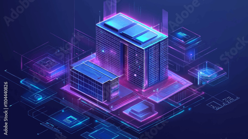 Futuristic infrastructure of a smart night city. Residential urban buildings for isometric innovation flat design. Smart city vector illustration of town with digital communication technology.