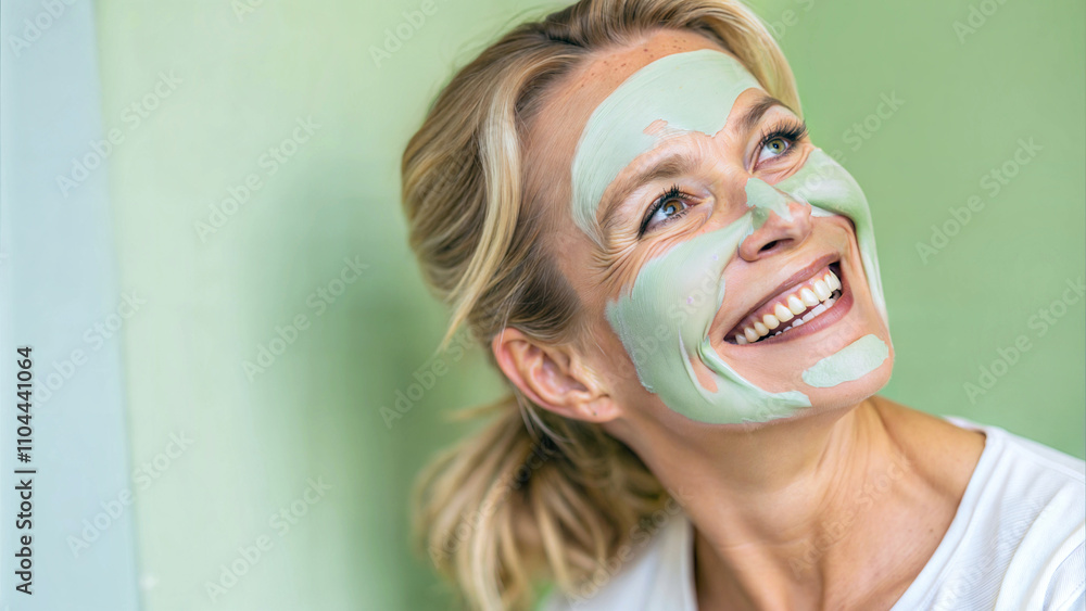 Portrait of beautiful mature elderly woman with green cream face mask smiling, beauty and skin care, cosmetics