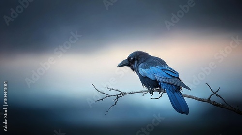   Blue and black bird perched on tree branch against dark sky background