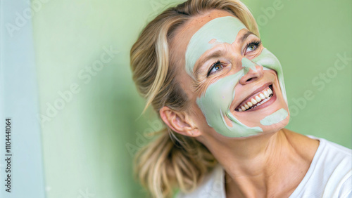 Obraz na płótnie Portrait of beautiful mature elderly woman with green cream face mask smiling, beauty and skin care, cosmetics w salonie