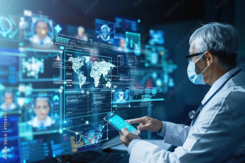 Elderly Asian male doctor analyzing data on a futuristic screen while holding a smartphone, wearing a mask in a digital environment. Elderly Asian male doctor analyzing data on a futuristic screen while holding a smartphone, wearing a mask in a digital environment.