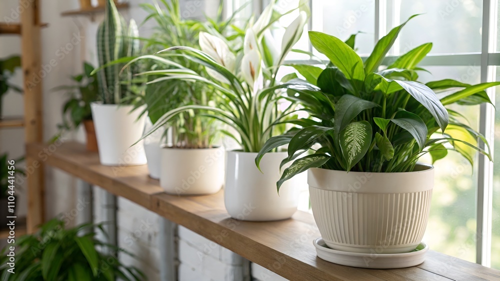 Houseplants purifying the air displayed on a wooden shelf by a sunny window Houseplants purifying the air displayed on a wooden shelf by a sunny window