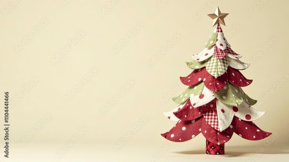 A Christmas tree crafted from overlapping swatches of fabric, each featuring unique patterns like polka dots, stripes, and plaids. It stands against a monochrome light beige background A Christmas tree crafted from overlapping swatches of fabric, each featuring unique patterns like polka dots, stripes, and plaids. It stands against a monochrome light beige background