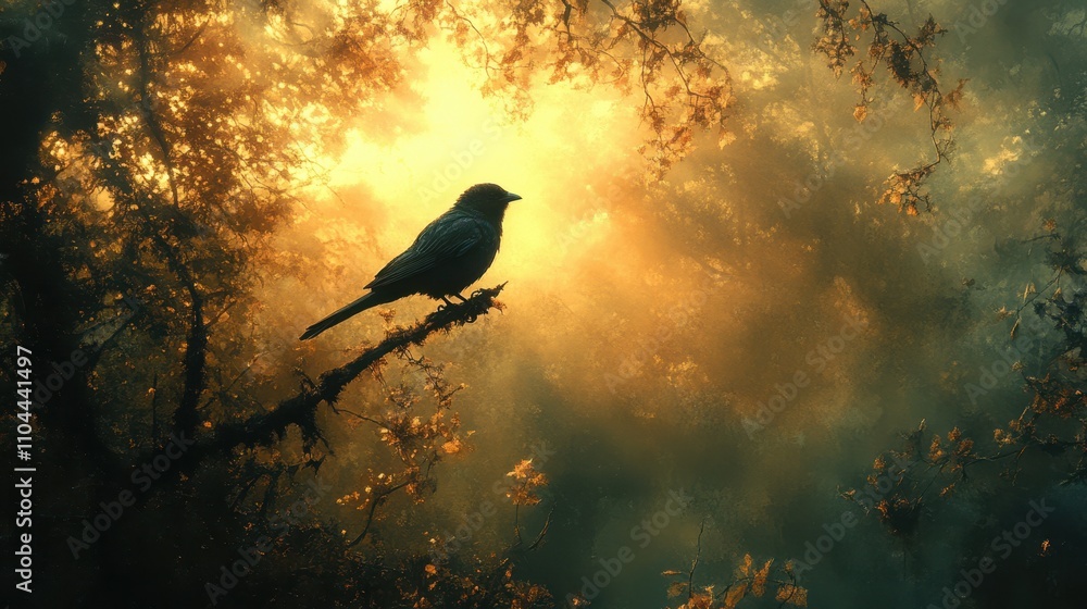 Fototapeta premium A silhouetted bird perched on a branch against a glowing, misty backdrop creates a serene atmosphere, Ideal for nature-themed projects, wallpapers, or meditation materials,