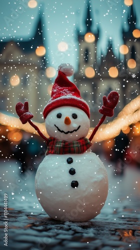 Charming snowman dancing joyfully in prague s historic square during festive christmas market photo