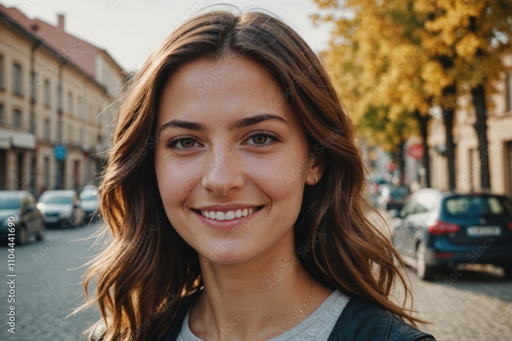 Close portrait of a smiling young Macedonian woman looking at the camera, Macedonian city outdoors blurred background Close portrait of a smiling young Macedonian woman looking at the camera, Macedonian city outdoors blurred background