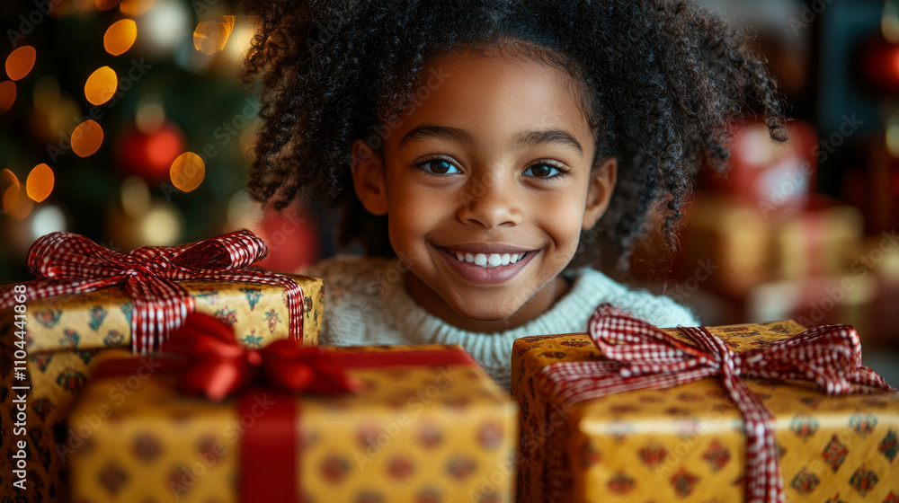 Happy child reveals a broad smile while joyfully posing with colorful wrapped presents, surrounded by a warm holiday atmosphere Happy child reveals a broad smile while joyfully posing with colorful wrapped presents, surrounded by a warm holiday atmosphere