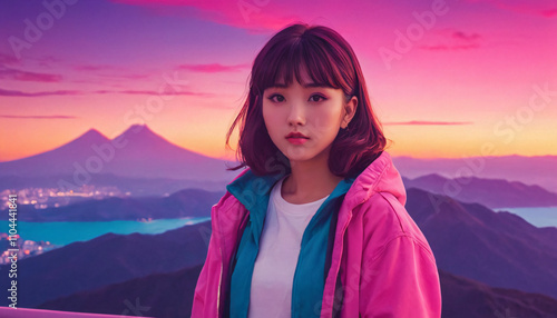 Synthwave anime manga girl, lofi bacground wallpaper
