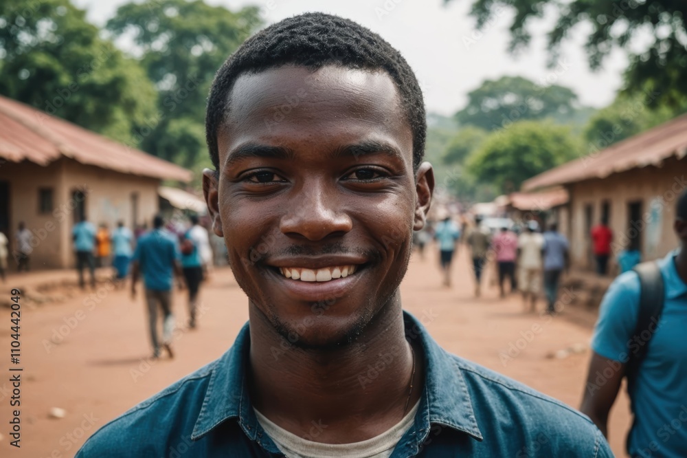 Close portrait of a smiling young Malawian man looking at the camera, Malawian city outdoors blurred background Close portrait of a smiling young Malawian man looking at the camera, Malawian city outdoors blurred background