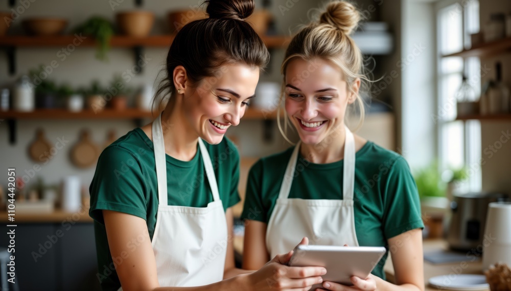 Two female entrepreneurs in kitchen use tablet for tech startup, business collaboration. Happy, focused female friends in pottery workshop work together on ecommerce ideas. Discuss online sales,