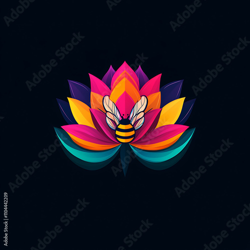  Abstract Lotus Flower with a Colorful Abstract Bee Inside - Vibrant Logo Design