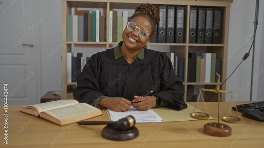 Woman judge smiling at desk in courtroom with gavel books and scales of justice in background Woman judge smiling at desk in courtroom with gavel books and scales of justice in background
