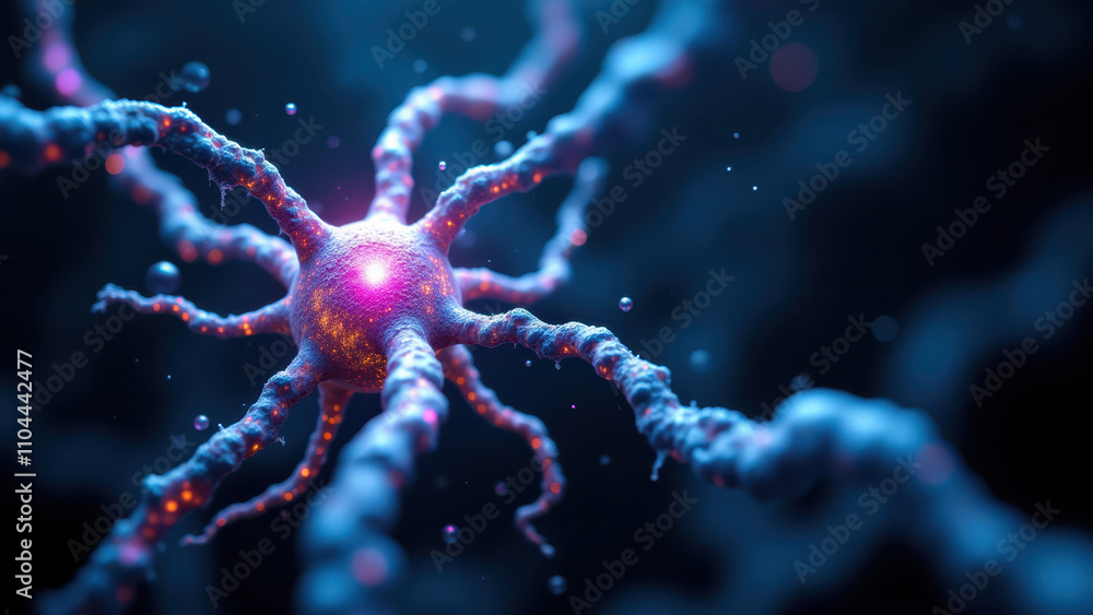 Fototapeta premium A close-up microscopic view of a neuron with a central red nucleus, highlighted by surrounding cells.