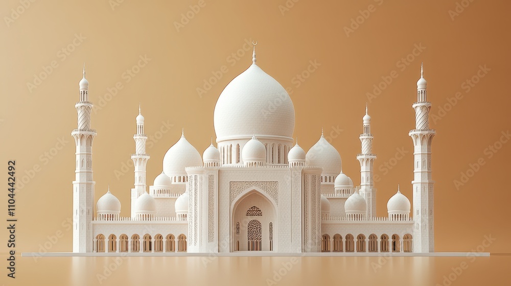 Obraz premium A stunning architectural model of an ornate mosque, showcasing detailed domes and minarets against a gradient background, perfect for cultural, travel