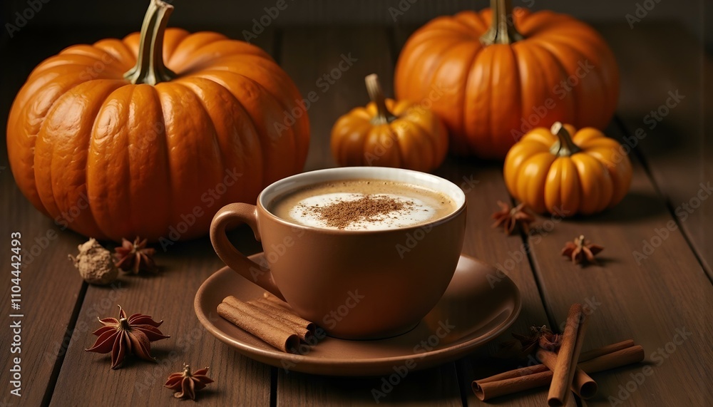 Cup of pumpkin spice late with cinnamon sticks, pumpkins star anise and nutmeg in a rustic moody and vintage atmosphere Cup of pumpkin spice late with cinnamon sticks, pumpkins star anise and nutmeg in a rustic moody and vintage atmosphere