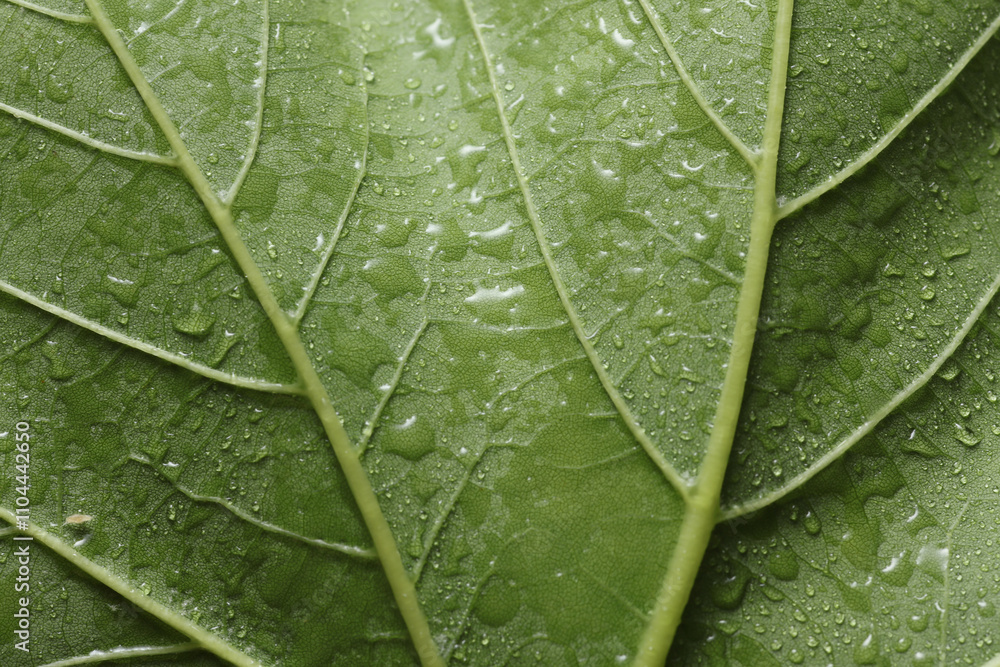 Fototapeta premium Green tree leaf in drops of water or rain