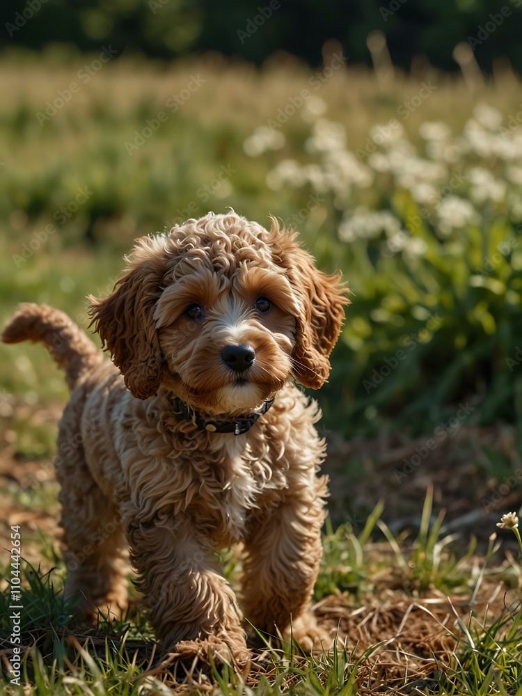 Fototapeta premium Cockapoo puppy playing in a field.