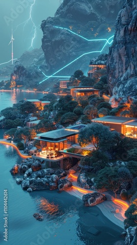 Magical night landscape with an illuminated mountain village nestled in rugged cliffs overlooking a serene lake with dramatic lighting and atmospheric storm effects