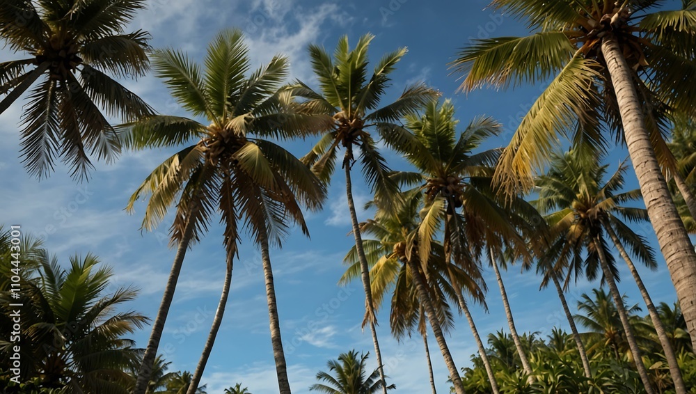 Coconut palms swaying in the tropical breeze. Coconut palms swaying in the tropical breeze.