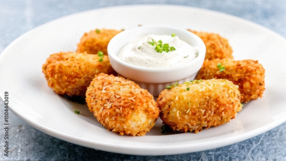 Tuna croquettes, elegantly laid out on a white ceramic plate, next to a small bowl with creamy yogurt sauce. Tuna croquettes, elegantly laid out on a white ceramic plate, next to a small bowl with creamy yogurt sauce.