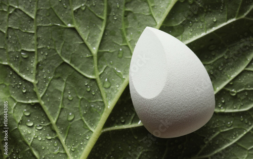 Makeup sponge on a tree leaf with water drops photo