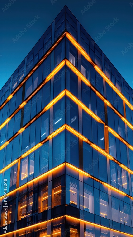 Captivating high rise building with geometric glass facade and vibrant yellow lighting illuminated against a dark blue sky Captivating high rise building with geometric glass facade and vibrant yellow lighting illuminated against a dark blue sky