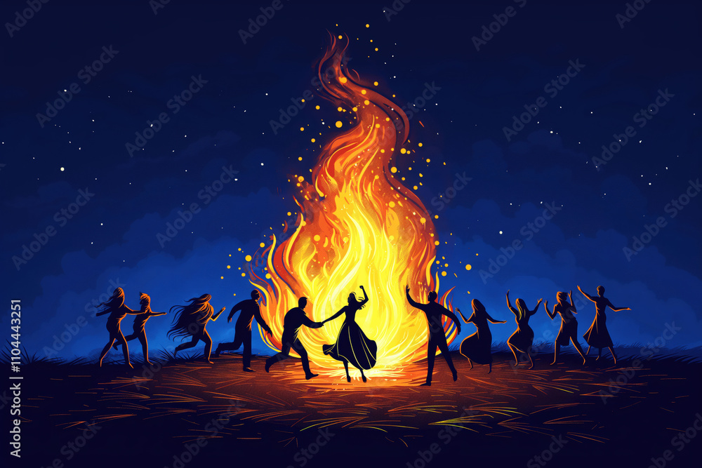 Celebrating Walpurgis Night with dancing figures around a bonfire in Germany Celebrating Walpurgis Night with dancing figures around a bonfire in Germany