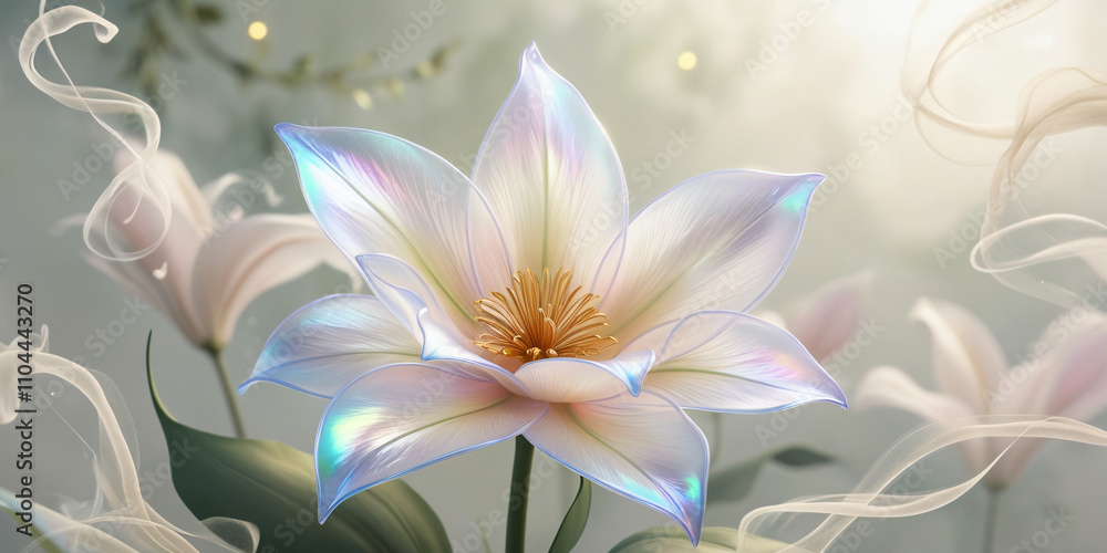 Fototapeta premium lily flower in foggy cosmic background, created by Generative AI