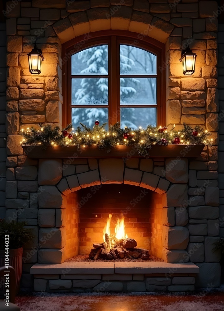 A cozy fireplace with a mantel decorated with Christmas ornaments and candles, in front of a snowy winter landscape visible through a window, a christmas present near the fireplace A cozy fireplace with a mantel decorated with Christmas ornaments and candles, in front of a snowy winter landscape visible through a window, a christmas present near the fireplace