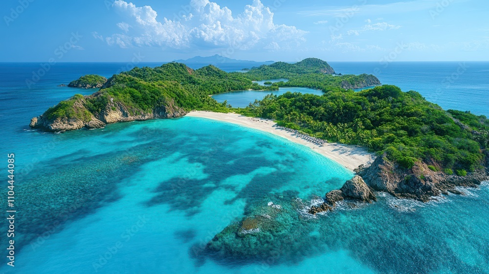 Fototapeta premium Idyllic tropical island with pristine beach, turquoise water, and lush greenery.