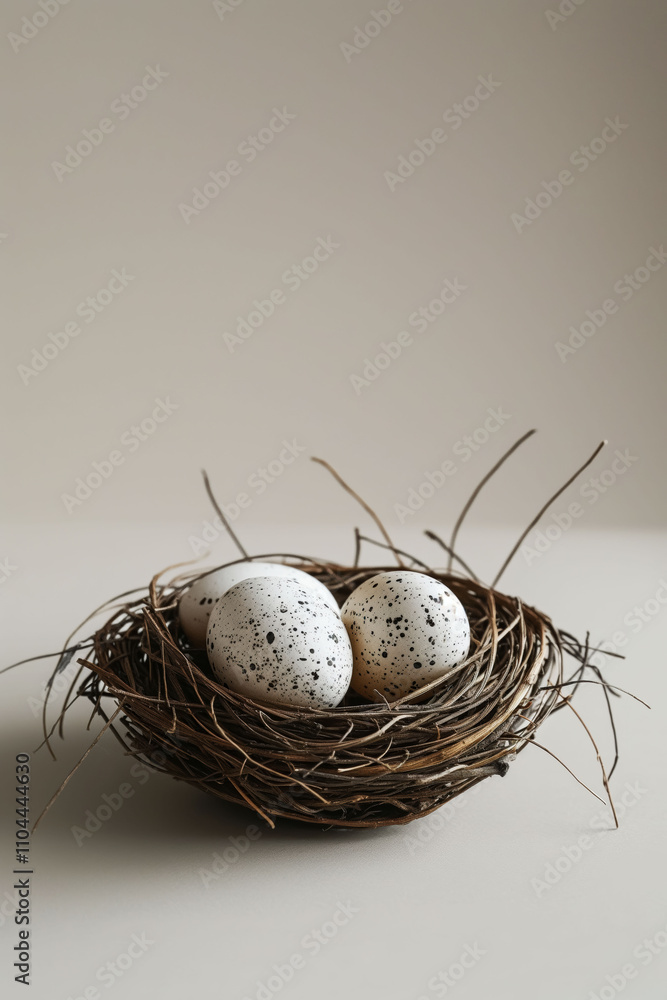 Obraz premium Minimalistic nest with speckled Easter eggs on a soft, neutral background
