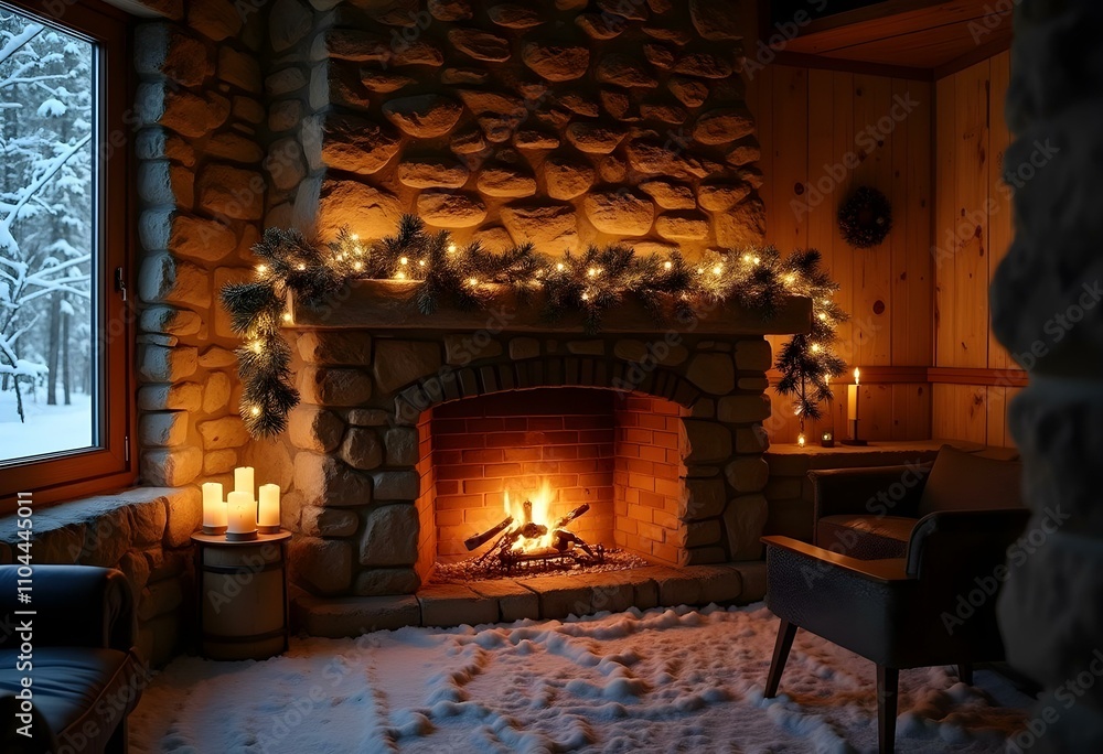 A cozy fireplace with a mantel decorated with Christmas ornaments and candles, in front of a snowy winter landscape visible through a window, a christmas present near the fireplace A cozy fireplace with a mantel decorated with Christmas ornaments and candles, in front of a snowy winter landscape visible through a window, a christmas present near the fireplace