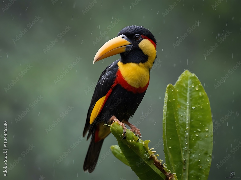 Fototapeta premium Collared aracari perched in the rain, Costa Rica.