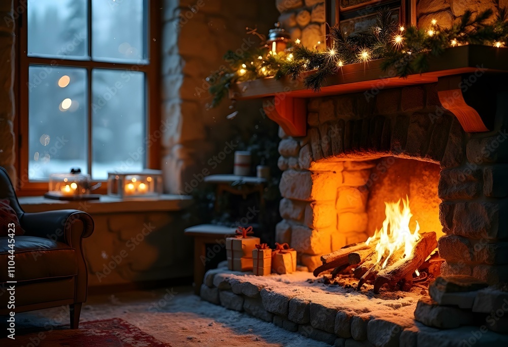 A cozy fireplace with a mantel decorated with Christmas ornaments and candles, in front of a snowy winter landscape visible through a window, a christmas present near the fireplace A cozy fireplace with a mantel decorated with Christmas ornaments and candles, in front of a snowy winter landscape visible through a window, a christmas present near the fireplace