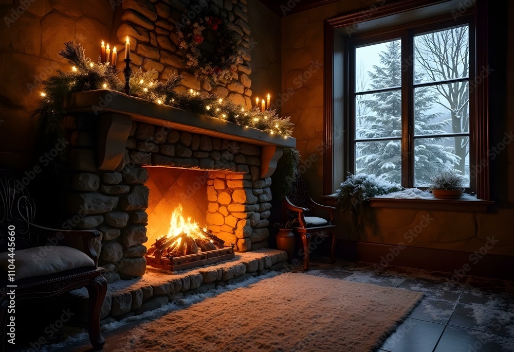 A cozy fireplace with a mantel decorated with Christmas ornaments and candles, in front of a snowy winter landscape visible through a window, a christmas present near the fireplace A cozy fireplace with a mantel decorated with Christmas ornaments and candles, in front of a snowy winter landscape visible through a window, a christmas present near the fireplace