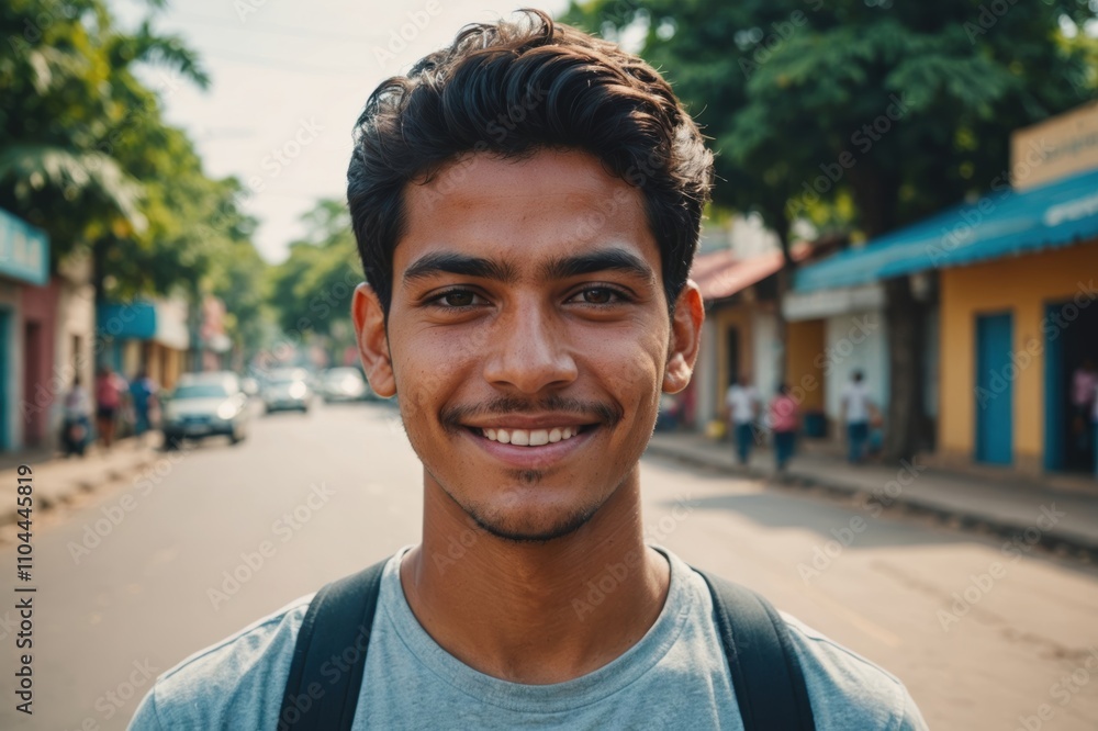 Close portrait of a smiling young Nicaraguan man looking at the camera, Nicaraguan city outdoors blurred background Close portrait of a smiling young Nicaraguan man looking at the camera, Nicaraguan city outdoors blurred background