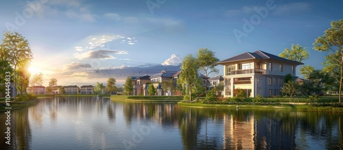 Serene and picturesque waterfront residential community featuring luxurious homes tranquil lake stunning sunset reflection lush foliage and beautifully landscaped pathways and gardens