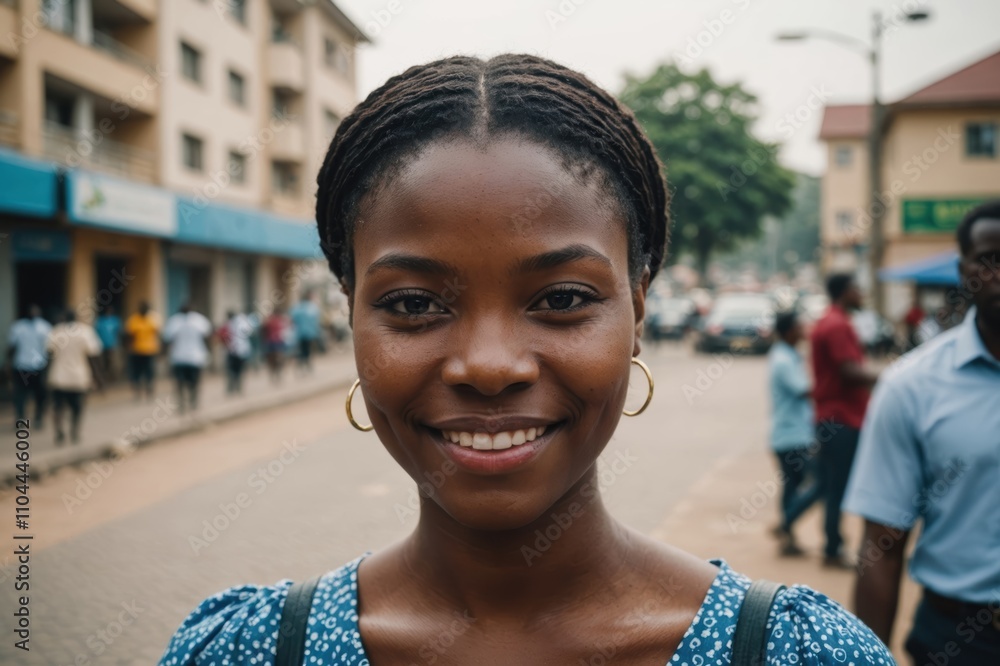 Close portrait of a smiling young Nigerian woman looking at the camera, Nigerian city outdoors blurred background Close portrait of a smiling young Nigerian woman looking at the camera, Nigerian city outdoors blurred background